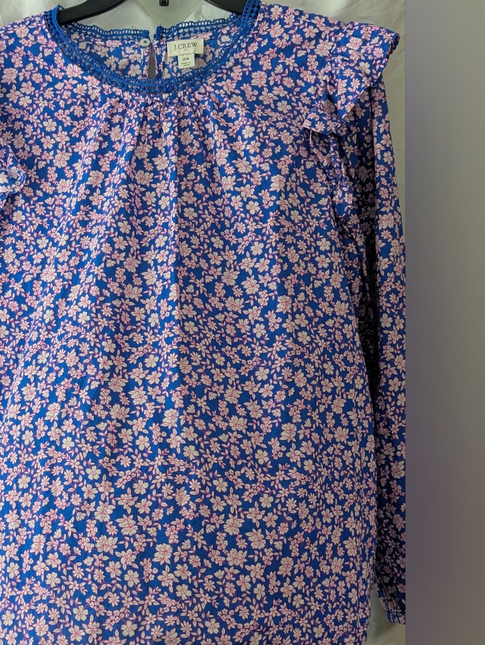 J.Crew Blue & Pink Floral Ruffle Long-Sleeve Blouse – Size 2X